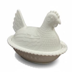 Vintage Indiana White Milk Glass Hen on Nest Beaded Rim Stippled Base 7"